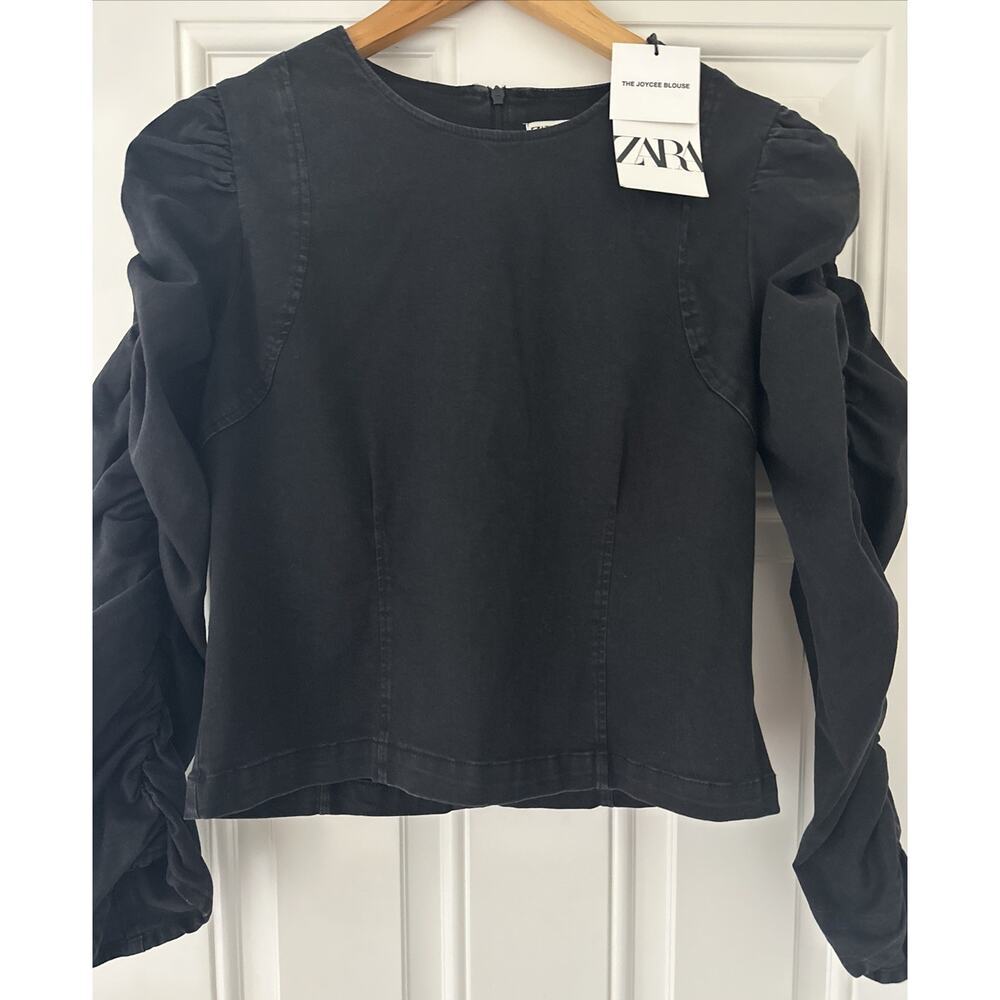 ZARA Women's Joyce Blouse Long Ruched Sleeve Black Denim Zipper Capsule Chic